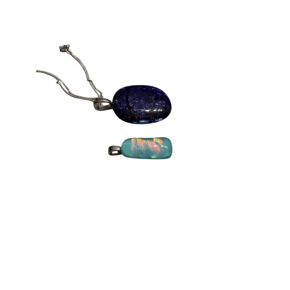 Dichroic Fused Glass Pendant Necklace Set Blue Aqua Iridescent Silver Chain - Picture 8 of 8